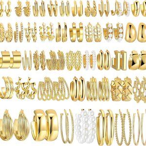 42 Pairs Gold Hoop Earrings Set for Women, Fashion Chunky Pearl Earrings…